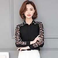 Women\'s Going out Casual/Daily Work Sexy Simple Cute All Seasons Summer Blouse, Solid Shirt Collar Long Sleeve Rayon Thin