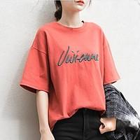 Women\'s Going out Casual/Daily Vintage Simple Spring Summer T-shirt, Embroidered Round Neck Short Sleeve Polyester Medium