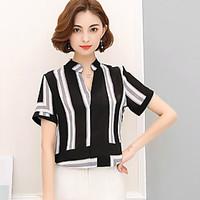 Women\'s Going out Holiday Simple Cute Summer Blouse, Solid Striped Round Neck Short Sleeve Others Thin