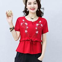 Women\'s Casual/Daily Vintage Simple Summer T-shirt, Solid Embroidered V Neck Short Sleeve Cotton Linen Medium