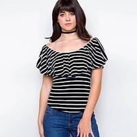 Women\'s Casual/Daily Beach Holiday Sexy Simple Cute All Seasons Summer T-shirt, Striped Boat Neck Short Sleeve Rayon Thin