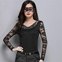 Women\'s Lace Casual/Daily Sexy Summer T-shirt, Solid V Neck Long Sleeve Black Polyester Medium