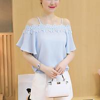 womens slim cute summer blouse solid patchwork lace ruffle boat neck s ...