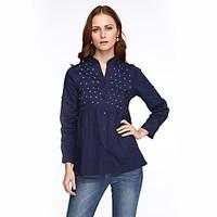 Women\'s Plus Size / Casual/Daily Street chic Spring / Fall Shirt, Print Standing Collar Long Sleeve Cotton Medium