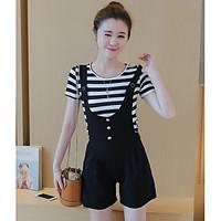 Women\'s Casual/Daily Cute Summer T-shirt Pant Suits, Striped Round Neck Short Sleeve Inelastic