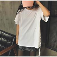 Women\'s Casual/Daily Street chic Summer T-shirt, Patchwork Round Neck Short Sleeve Cotton Medium