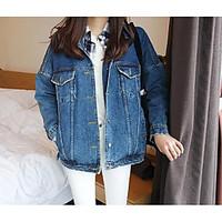 Women\'s Going out Casual/Daily Simple Street chic Fall Denim Jacket, Solid Shirt Collar Long Sleeve Regular Cotton
