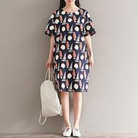 Women\'s Going out Casual/Daily Cute Loose Dress, Print Round Neck Midi Short Sleeve Cotton Summer Mid Rise Micro-elastic Thin