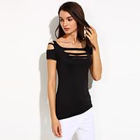 Women\'s Off The Shoulder/Cut Out Club Sexy Summer T-shirt, Solid U Neck Short Sleeve Polyester Spandex Thin