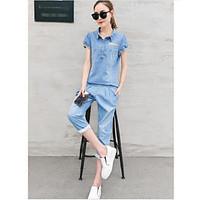Women\'s Casual/Daily Simple Summer T-shirt Pant Suits, Solid Shirt Collar Short Sleeve Denim Micro-elastic