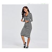 Women\'s Casual/Daily Bodycon Dress, Striped Check V Neck Knee-length Long Sleeve Modal Spring Fall Mid Rise Micro-elastic Medium