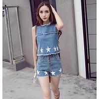Women\'s Casual/Daily Simple Summer T-shirt Pant Suits, Solid Round Neck Sleeveless Denim Inelastic