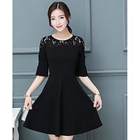 Women\'s Going out Simple A Line Dress, Solid Round Neck Above Knee ½ Length Sleeve Cotton Summer High Rise Micro-elastic Medium