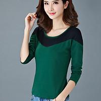 Women\'s Casual/Daily Simple Fall T-shirtColor Block Round Neck Long Sleeve Green / Purple Cotton Opaque