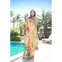 Women\'s Beach Holiday Chiffon Swing Dress, Print Halter Maxi Sleeveless Cotton Rayon Summer Mid Rise Micro-elastic Thin