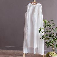 Women\'s Beach Simple Swing Dress, Solid Embroidered Round Neck Maxi Sleeveless Cotton Linen Summer Mid Rise Inelastic Thin
