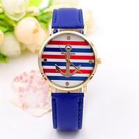 womenladys leather band redwhiteblue stripe anchor case analog quartz  ...