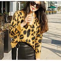Women\'s Going out Casual/Daily Simple Street chic Regular Pullover, Leopard Round Neck Long Sleeve Acrylic Winter Medium Micro-elastic