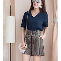 Women\'s Casual/Daily Street chic Summer T-shirt Pant Suits, Solid Striped V Neck Short Sleeve Micro-elastic