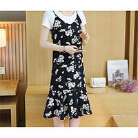 Women\'s Casual/Daily Cute Summer Shirt Dress Suits, Floral Strap Short Sleeve Micro-elastic