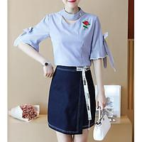 womens going out cute summer shirt skirt suits striped stand 12 length ...