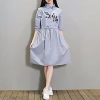 Women\'s Going out Holiday Cute A Line Dress, Floral Shirt Collar Knee-length ½ Length Sleeve Cotton Spring Summer Mid Rise Micro-elastic