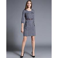 Women\'s Work Party Simple Sophisticated A Line Sheath Dress, Striped Round Neck Above Knee ¾ Sleeve Cotton Spring Fall Mid Rise