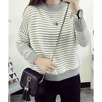 Women\'s Casual/Daily Simple Street chic Regular Pullover, Striped Round Neck Long Sleeve Others Fall Winter Medium Micro-elastic