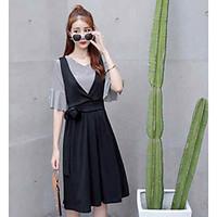 Women\'s Casual/Daily Simple Summer T-shirt Dress Suits, Solid V Neck ½ Length Sleeve Cotton