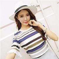 Women\'s Going out Casual/Daily Simple Summer T-shirt Pant Suits, Solid Striped Round Neck Short Sleeve Micro-elastic
