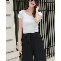 Women\'s Going out Casual/Daily Simple Summer T-shirt Pant Suits, Solid V Neck Short Sleeve Micro-elastic