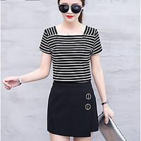 Women\'s Going out Casual/Daily Sexy Simple Summer T-shirt Skirt Suits, Striped Boat Neck Short Sleeve Micro-elastic