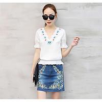 Women\'s Going out Casual/Daily Simple Summer T-shirt Skirt Suits, Print V Neck Short Sleeve Micro-elastic