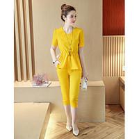 Women\'s Casual/Daily Simple Summer Blouse Pant Suits, Solid V Neck Short Sleeve Micro-elastic