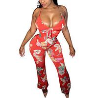 Women\'s Sexy Boho Deep V High Rise Club Jumpsuits Wide Leg Floral Summer