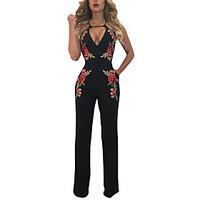 Women\'s High Rise JumpsuitsSexy Vintage Street chic Slim Hin Thin Club Wide Leg Backless Embroidered Floral