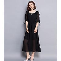 womens beach holiday simple swing dress solid round neck maxi length s ...
