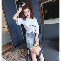 Women\'s Going out Casual/Daily Simple Summer T-shirt Skirt Suits, Solid Letter Boat Neck Short Sleeve