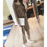 womens work simple spring fall blouse pant suits solid round neck long ...