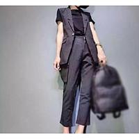 womens work simple summer t shirt pant suits striped shirt collar shor ...