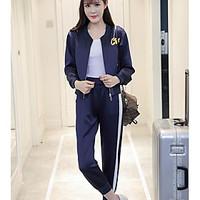 womens sports active spring hoodie pant suits solid stand long sleeve  ...