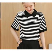 Women\'s Casual/Daily Simple T-shirt, Striped Shirt Collar Short Sleeve Polyester