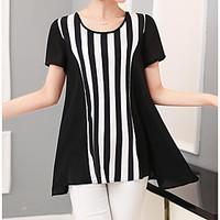 Women\'s Casual/Daily Simple T-shirt, Striped Round Neck Short Sleeve Polyester