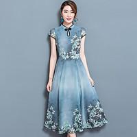 Women\'s Going out A Line Chiffon Dress, Floral Stand Midi Short Sleeve Polyester Summer Mid Rise Micro-elastic Thin