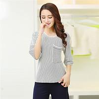 Women\'s Casual/Daily Simple T-shirt, Striped Round Neck ¾ Sleeve Linen