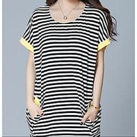 Women\'s Casual/Daily Simple Summer T-shirt, Striped Round Neck Short Sleeve Cotton