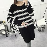 Women\'s Casual/Daily Long Pullover, Striped Round Neck ½ Length Sleeve Cotton Spring Fall Medium Micro-elastic