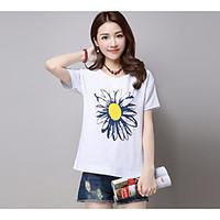 Women\'s Casual/Daily Simple Summer T-shirt, Floral Round Neck Short Sleeve Linen