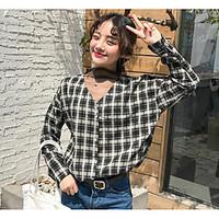 womens casualdaily simple spring shirt check v neck long sleeve polyes ...