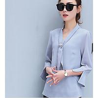 Women\'s Casual/Daily Simple Summer Fall Shirt Pant Suits, Solid Stand Long Sleeve Micro-elastic